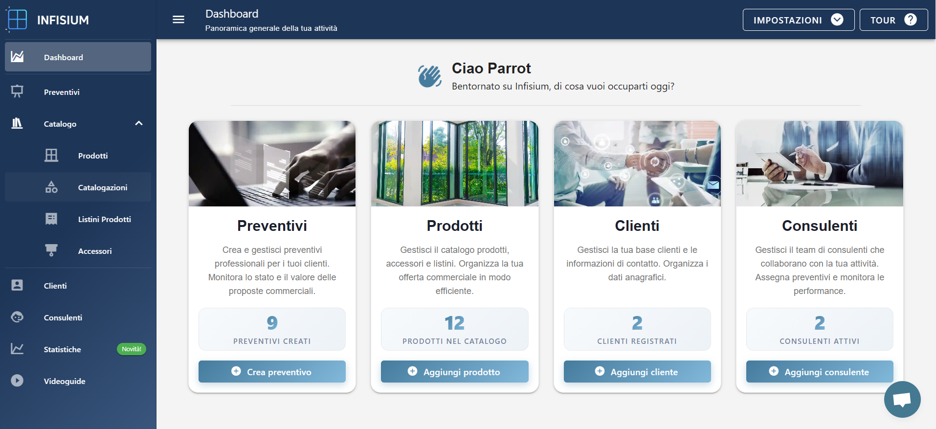 Dashboard Infisium: software preventivatore per serramentisti